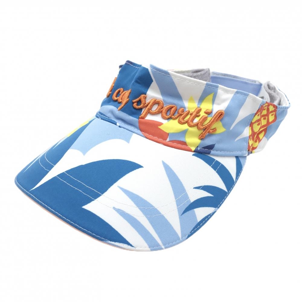 ルコック サンバイザー ライトブルー×白×オレンジ 総柄 花柄 リーフ  レディース F(55-57cm) ゴルフウェア le coq sportif