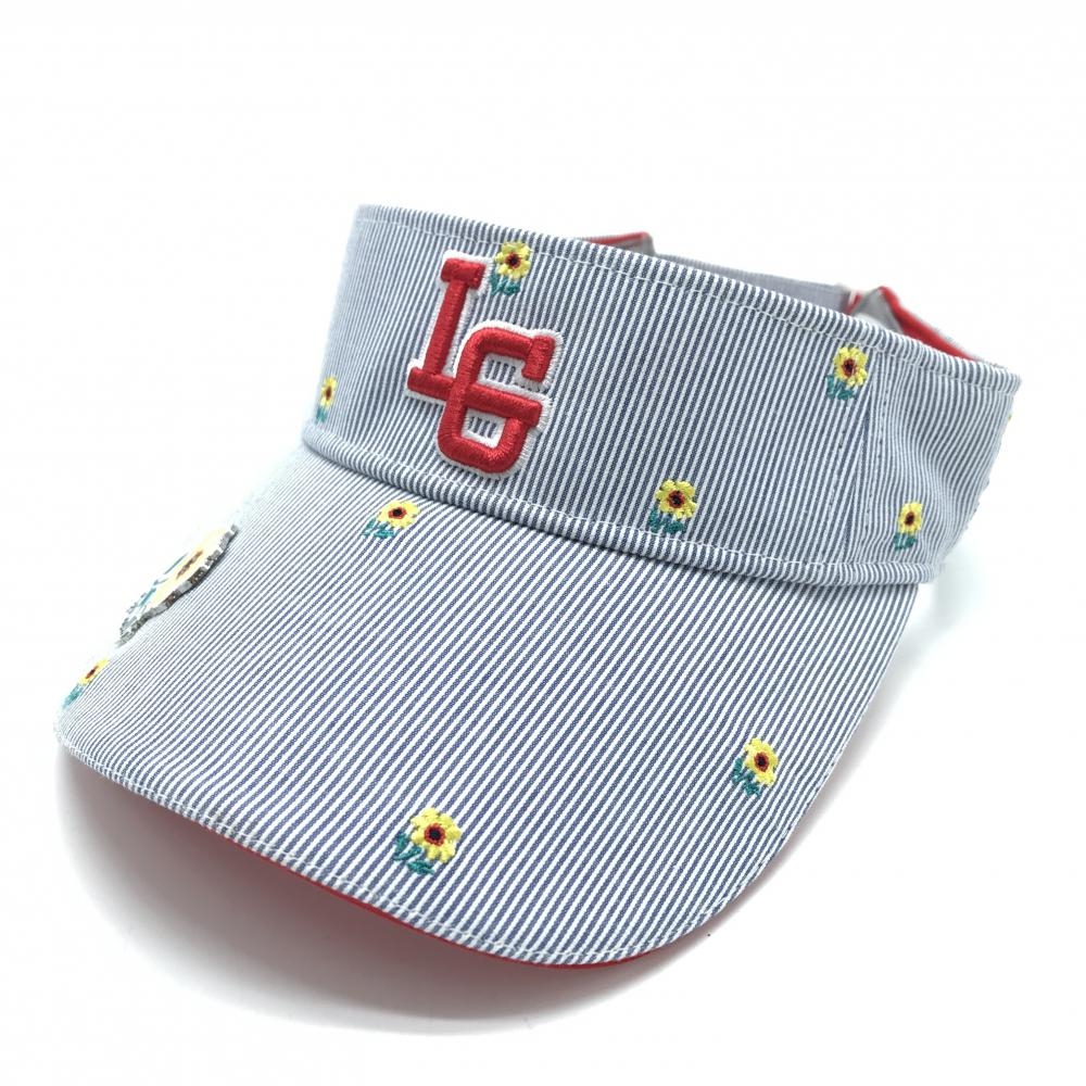 【超美品】ルコックゴルフ マーカー付サンバイザー ネイビー×白 細ストライプ 花柄 レディース F(55-57cm) ゴルフウェア le coq sportif