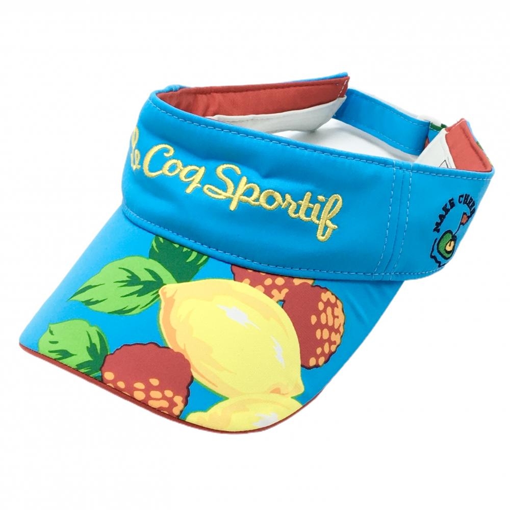 【新品】ルコックゴルフ サンバイザー ライトブルー×イエロー 一部柄 レモン レディース F(55cm～57cm) ゴルフウェア le coq sportif