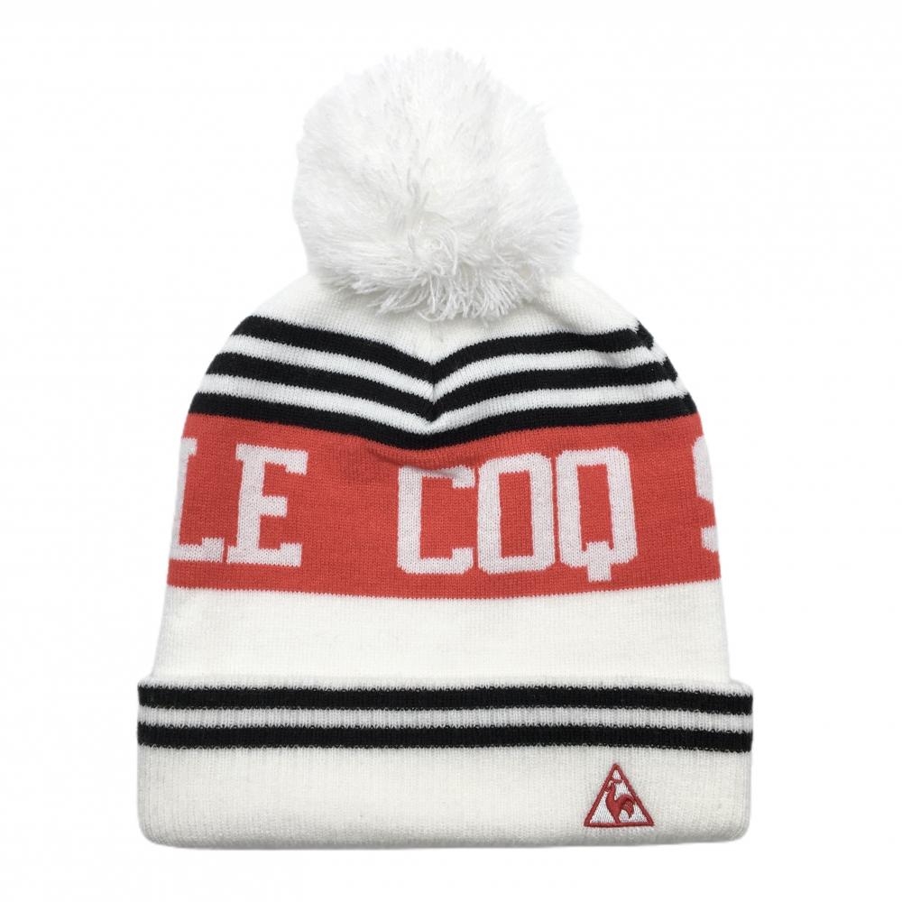 【超美品】ルコック ニット帽 白×レッド 一部ボーダー アクリル100％ ボンボン付 レディース F ゴルフウェア le coq sportif