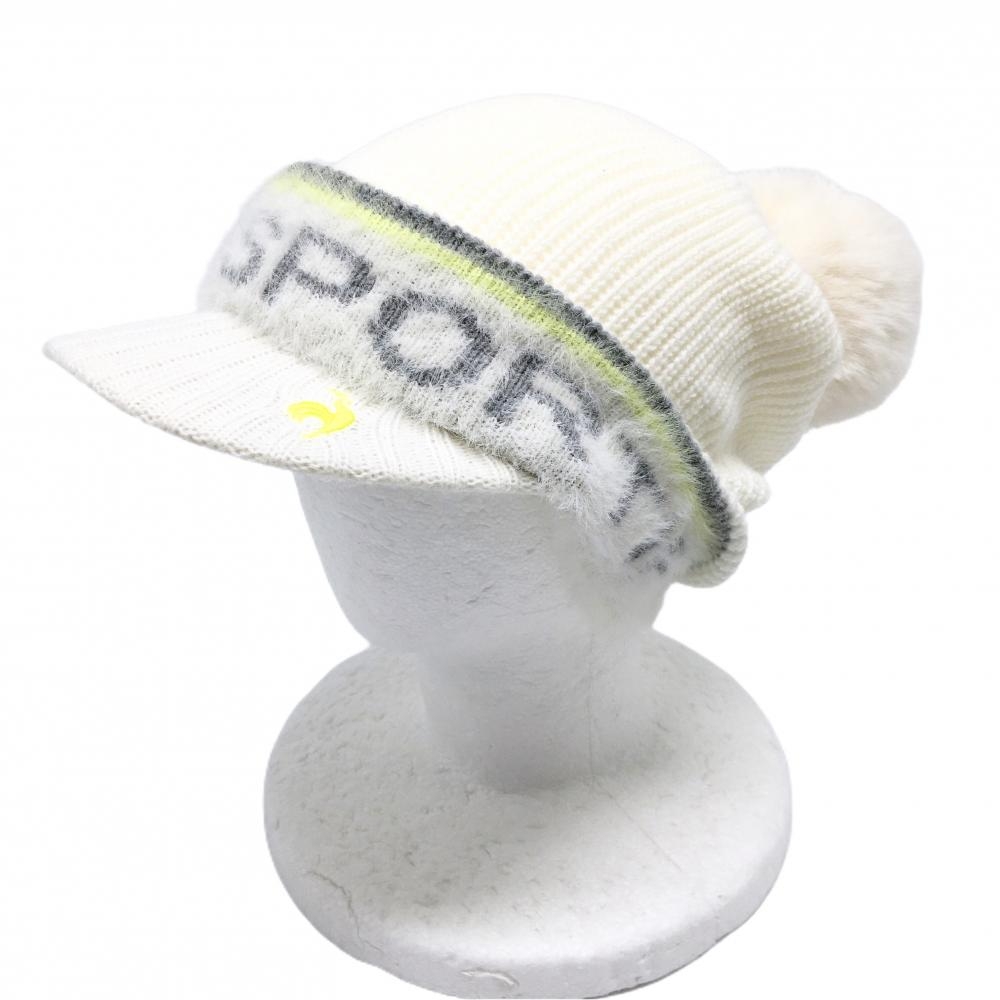 【美品】ルコック つば付ニット帽 白×グレー ボンボン付 アクリル混 レディース F(55㎝-57㎝) ゴルフウェア le coq sportif