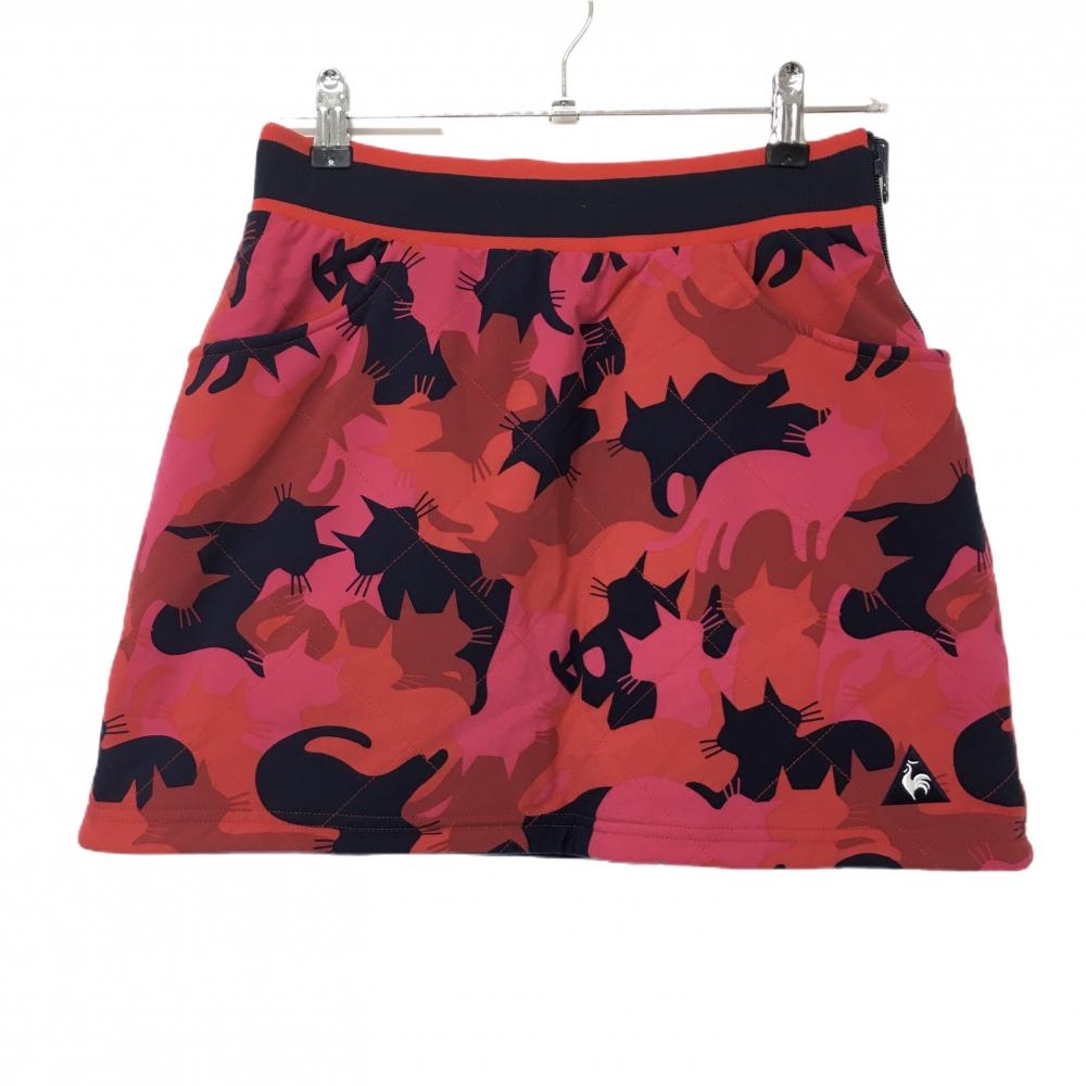 【超美品】ルコック 中綿リバーシブルスカート レッド×ネイビー 猫柄 カモフラ 裏ベロア調 レディース 9 ゴルフウェア le coq sportif
