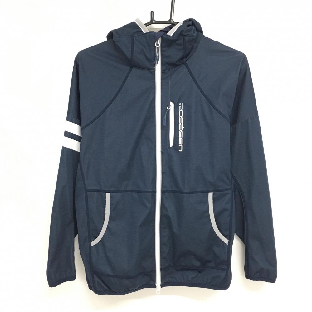 【美品】ロサーセン ジップパーカー 杢ネイビー×白 ストレッチ 袖ライン ジャケット レディース L ゴルフウェア Rosasen