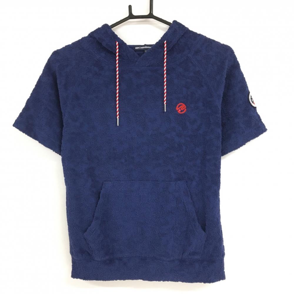【美品】ロサーセン 半袖パーカー ネイビー 花柄織生地 パイル地 レディース M ゴルフウェア Rosasen