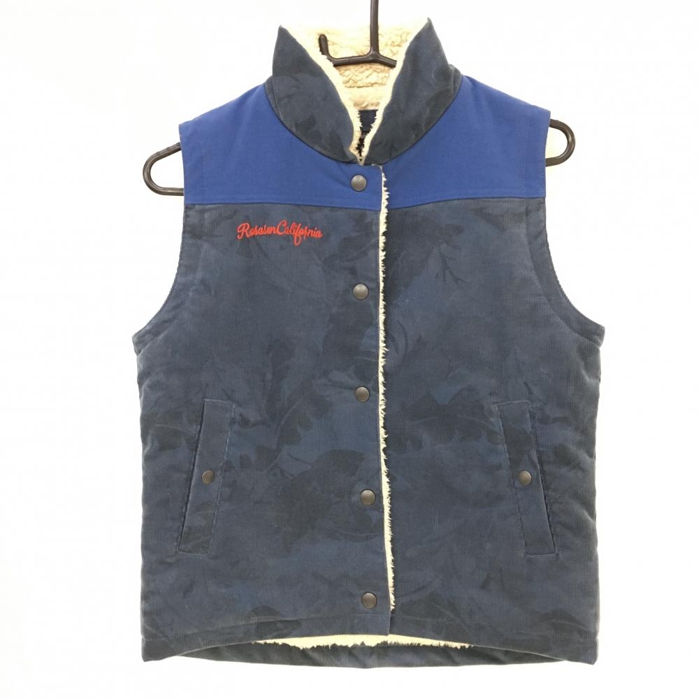 【美品】ロサーセン コーデュロイベスト ネイビー ボタニカル柄 内側ボア  レディース 40 ゴルフウェア Rosasen