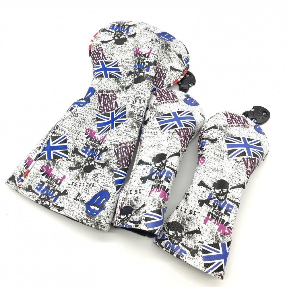 【超美品】PLUSKER ヘッドカバー3点セット（DR UT×2）グレー×黒 総柄 スカル ゴルフ PLUSKER