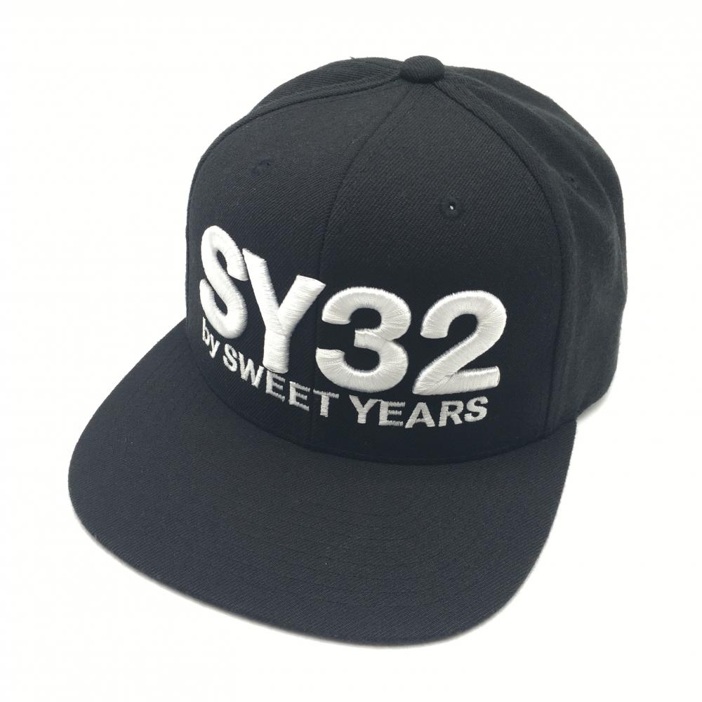 【美品】スウィートイヤーズ フラットキャップ 黒×白 ウール混 ビッグロゴ  表記なし  ゴルフウェア SY32 BY SWEET YEARS