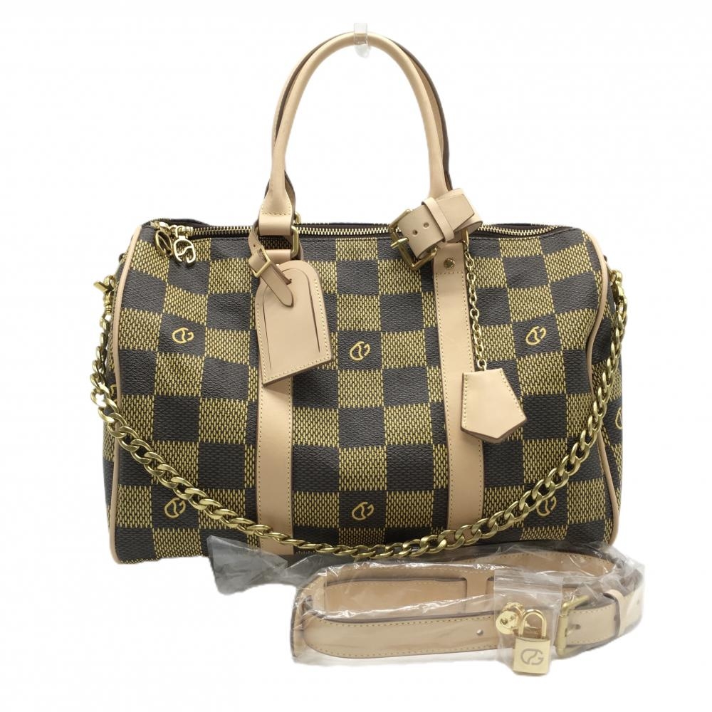 【美品】シーピージー 2WAYボストンバッグ ブラウン×イエロー ブロックチェック カートバッグ ショルダー着脱可ゴルフ CPG GOLF