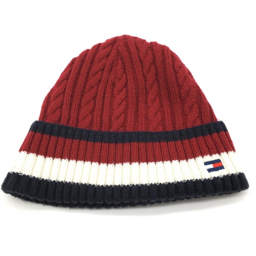 【美品】トミーヒルフィガーゴルフ ニット帽 レッド×ネイビー トリコロール フリー ゴルフウェア Tommy Hilfiger Golf