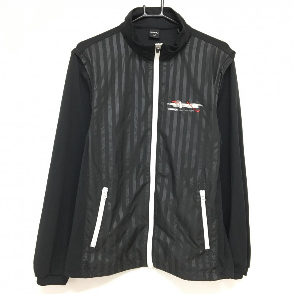 【美品】イグニオ 2WAYジャケット 黒×白 身頃ストライプ地模様 袖着脱可 異素材 メンズ L ゴルフウェア IGNIO
