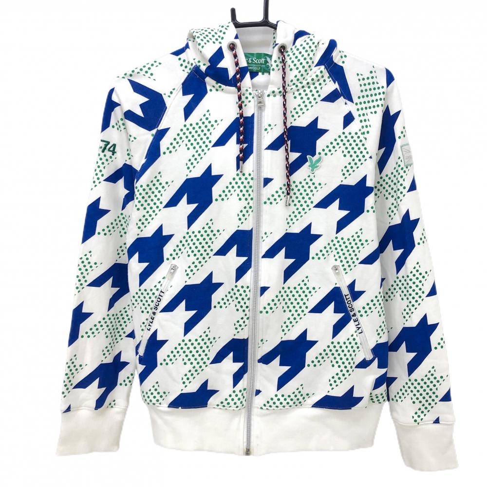 【超美品】ライルアンドスコット ジップパーカー 白×ブルー 千鳥格子 ドット 裏毛素材  メンズ S ゴルフウェア LYLE＆SCOTT