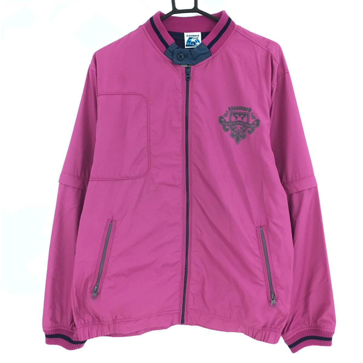 【美品】キスマークゴルフ 2WAYジャケット ピンク×ネイビー ネック一部合成皮革 地模様  メンズ L ゴルフウェア Kissmark Golf