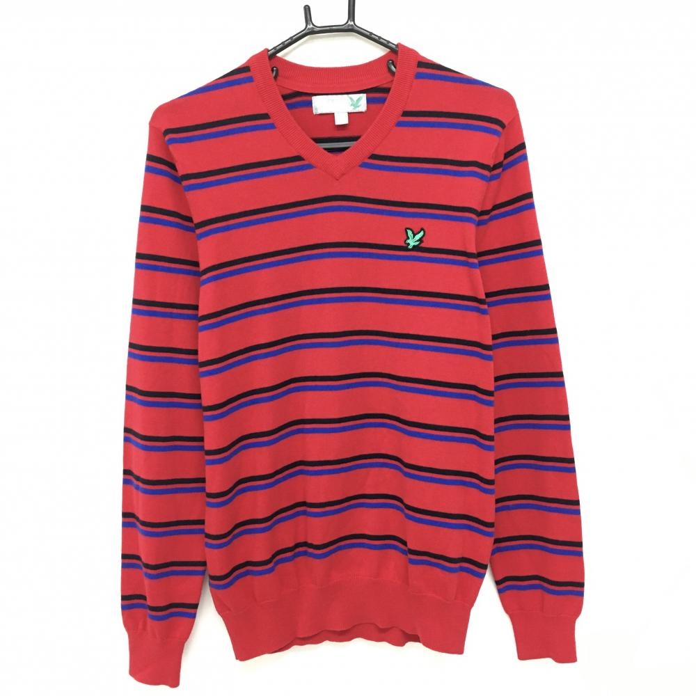 【超美品】ライルアンドスコット セーター レッド×ブルー ボーダー コットン100％ Vネック ニット メンズ S ゴルフウェア LYLE＆SCOTT
