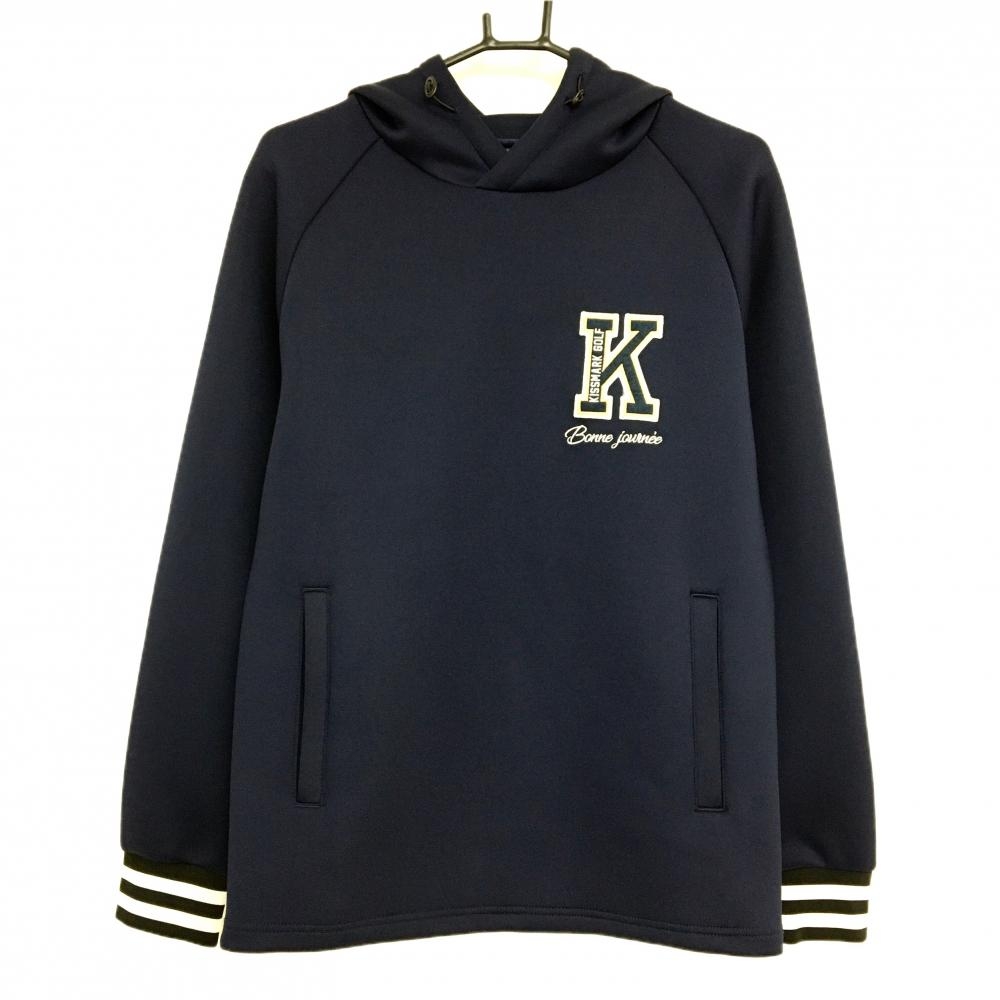 【美品】キスマークゴルフ パーカー ネイビー×白 袖口ボーダー ダンボールニット トレーナー メンズ M ゴルフウェア Kissmark golf