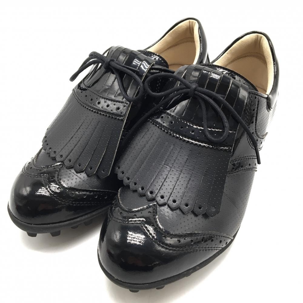 【超美品】アジェイド ゴルフシューズ 黒 一部エナメル ウイングチップ キルト取外し可 スパイクレス レディース 22.5 ゴルフウェア aJADE