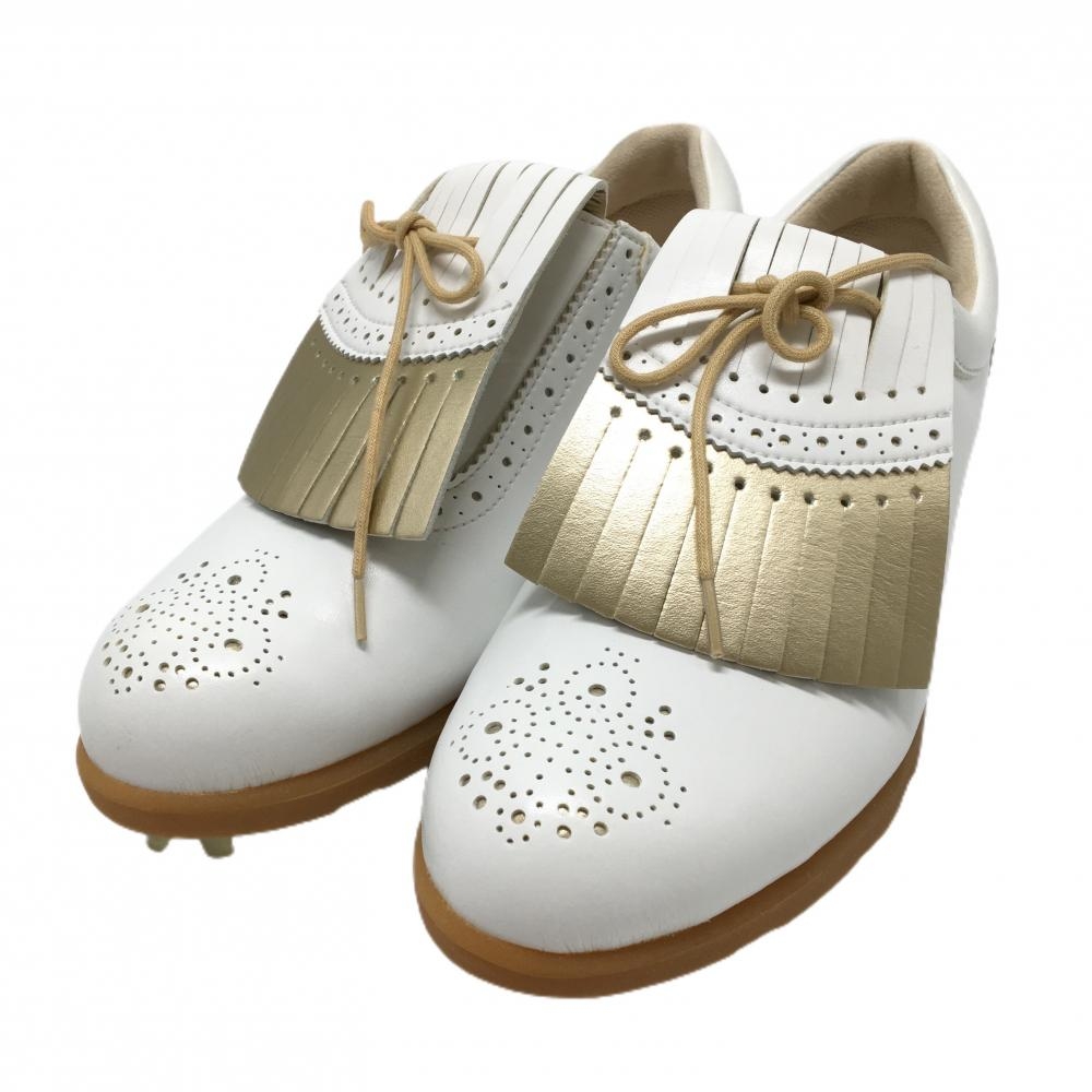 【超美品】アジェイド ゴルフシューズ 白×ゴールド AJL-001 フリンジ レディース 23.0 ゴルフウェア aJADE