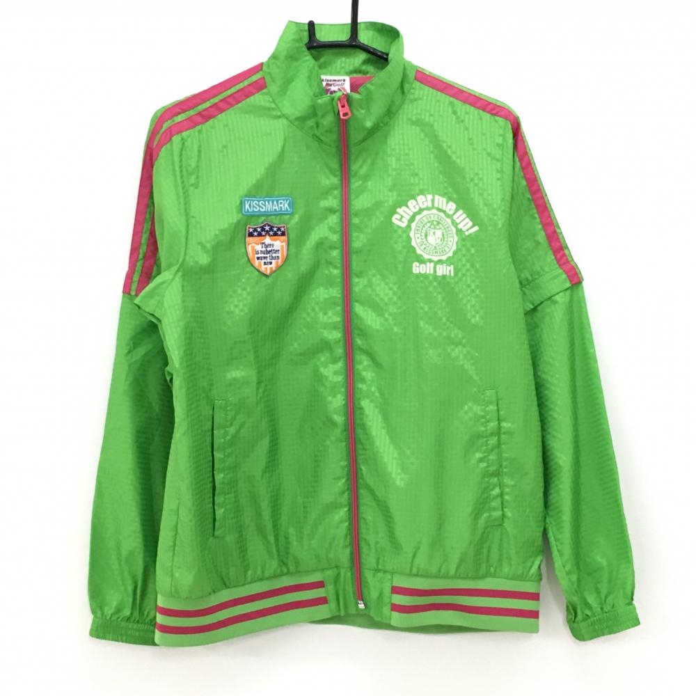 キスマークゴルフ 2WAYジャケット ライトグリーン×ピンク チェック地模様 裏地メッシュ 袖着脱可  レディース L ゴルフウェア kissmark