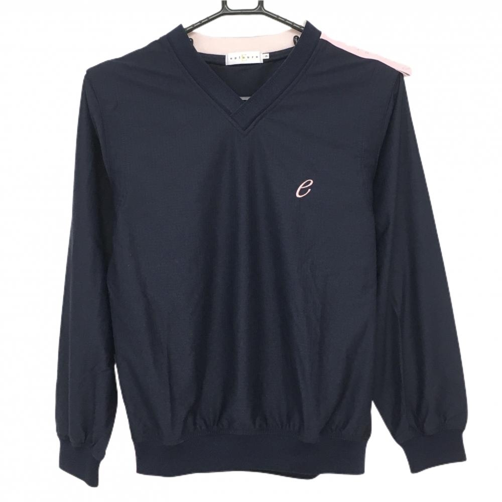 【超美品】エピキュール 2WAYブルゾン ネイビー×ピンク 格子チェック地模様 スニード Vネック袖着脱可 レディース 9 ゴルフウェア epicure