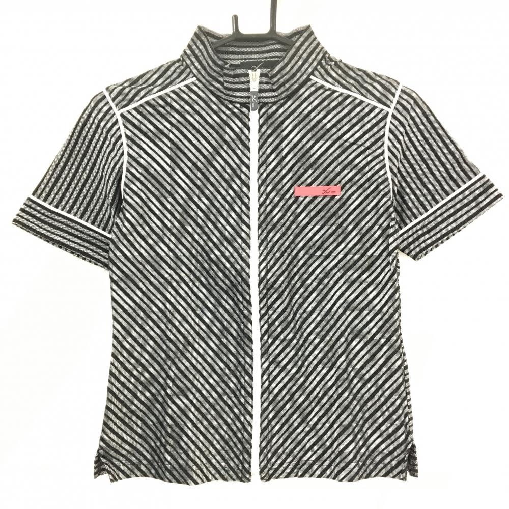 【超美品】シーダブリューエックス 半袖ジャケット 黒×グレー 斜めボーダー 薄手  レディース Medium ゴルフウェア CWX