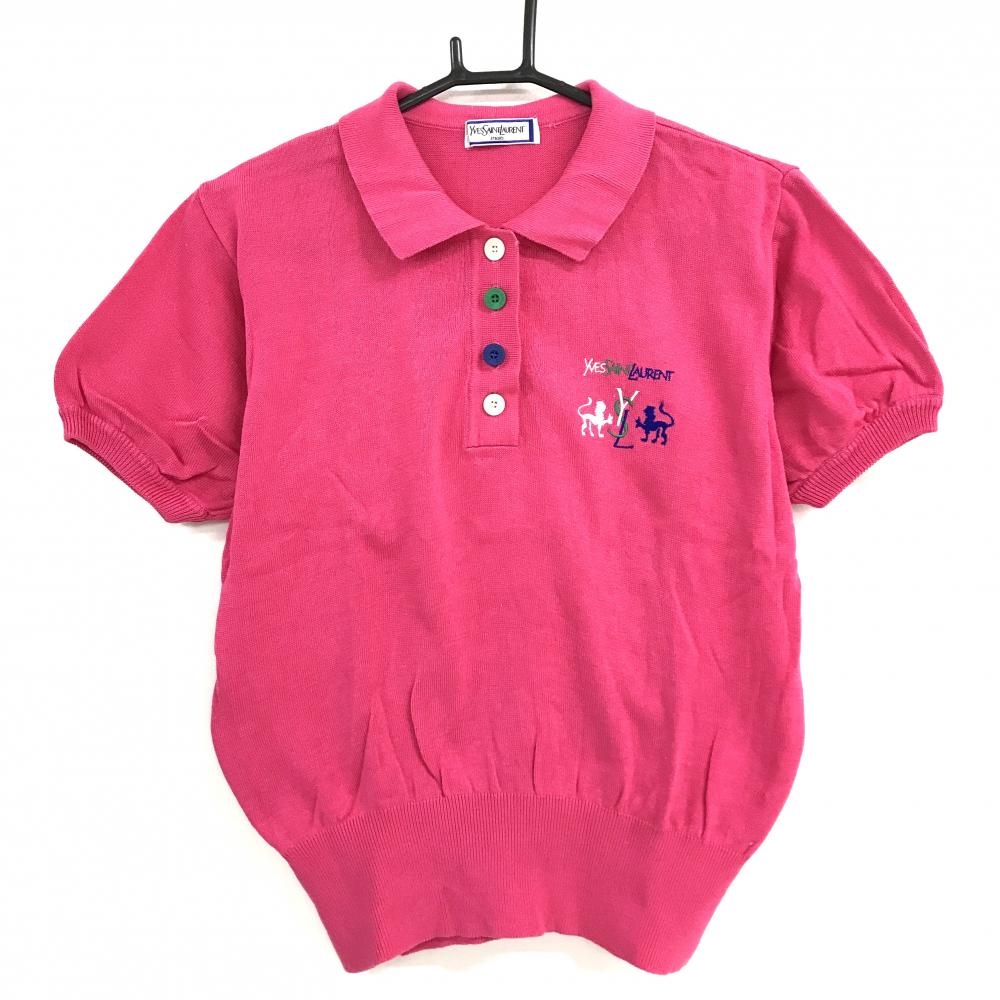 【美品】イヴサンローラン 半袖ポロセーター ピンク ロゴ ニット レディース M ゴルフウェア YVES SAINT LAURENT toricots