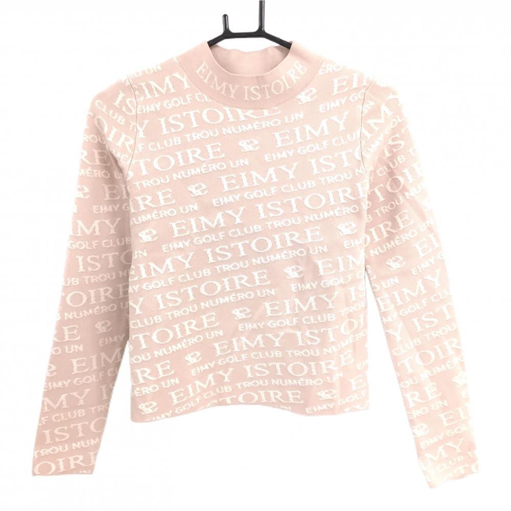 【美品】エイミーゴルフ ハイネックセーター スモーキーピンク×白系 英字総柄 ニット  レディース F ゴルフウェア EIMY GOLF