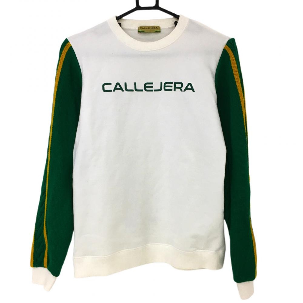 【美品】カジェヘラ 切替トレーナー 白×グリーン 袖ニット 裏起毛 レディース 1 ゴルフウェア CALLEJERA 画像