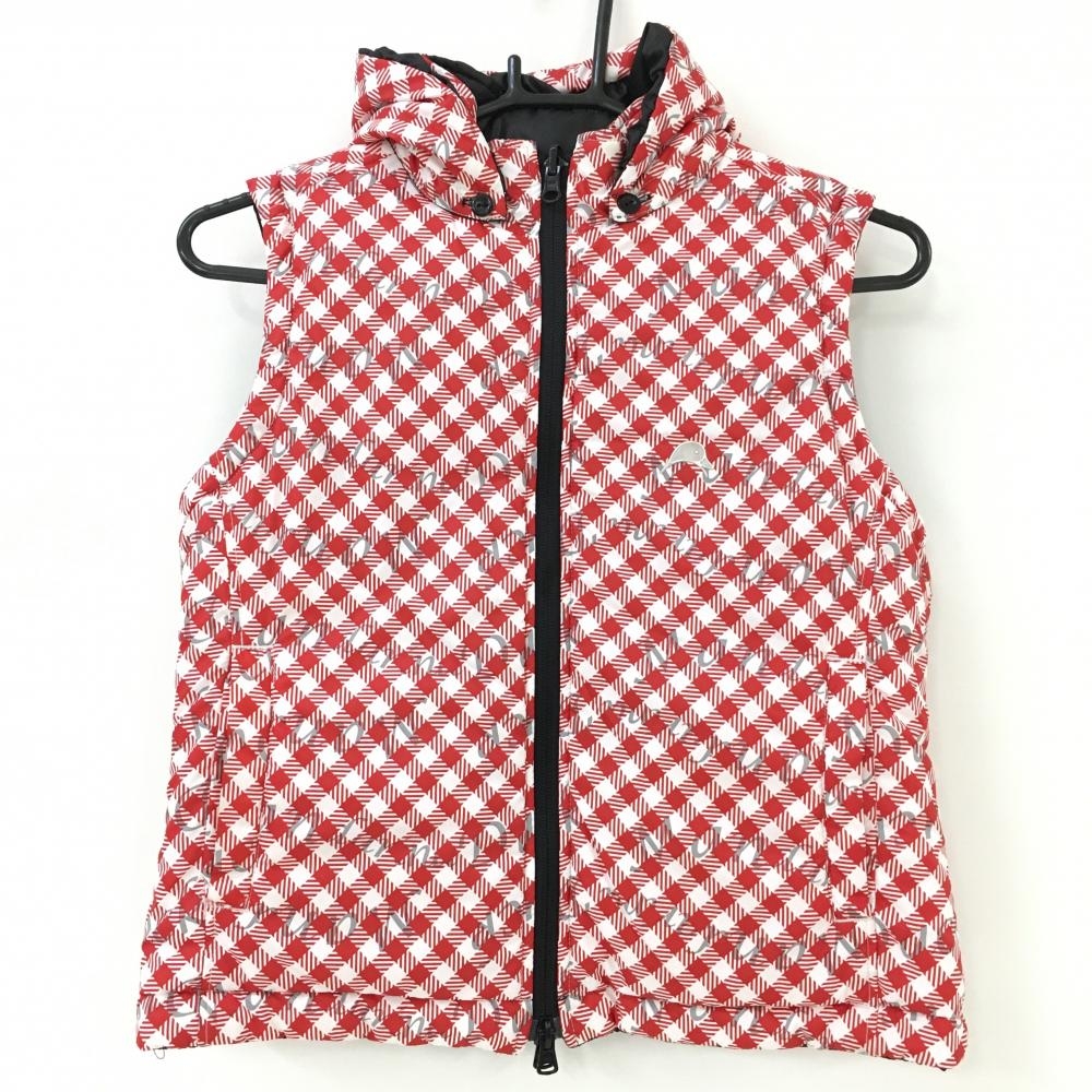 【美品】マンダリナダック 中綿リバーシブルベスト レッド×白 チェック 4WAY フード着脱可 レディース S ゴルフウェア MANDARINADUCK