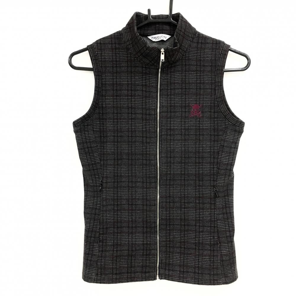 【美品】チュクチュスポーツ ジップベスト グレー×ボルドー チェック 韓国モデル スカル 裏微起毛  レディース S ゴルフウェア CHUCUCHU