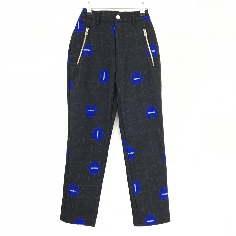 【美品】ノエルレウシール パンツ 黒×ブルー パズル総柄 裏起毛 後ろウエストゴム レディース 1 ゴルフウェア NOEL REUSSIR