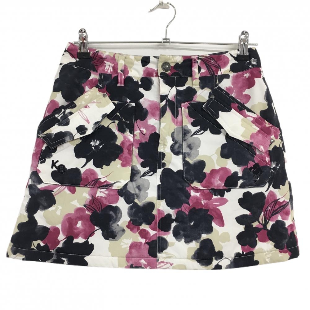 【超美品】キスマーク 中綿スカート ピンク×黒×白 花柄 複数ポケット レディース 7 ゴルフウェア Kissmark