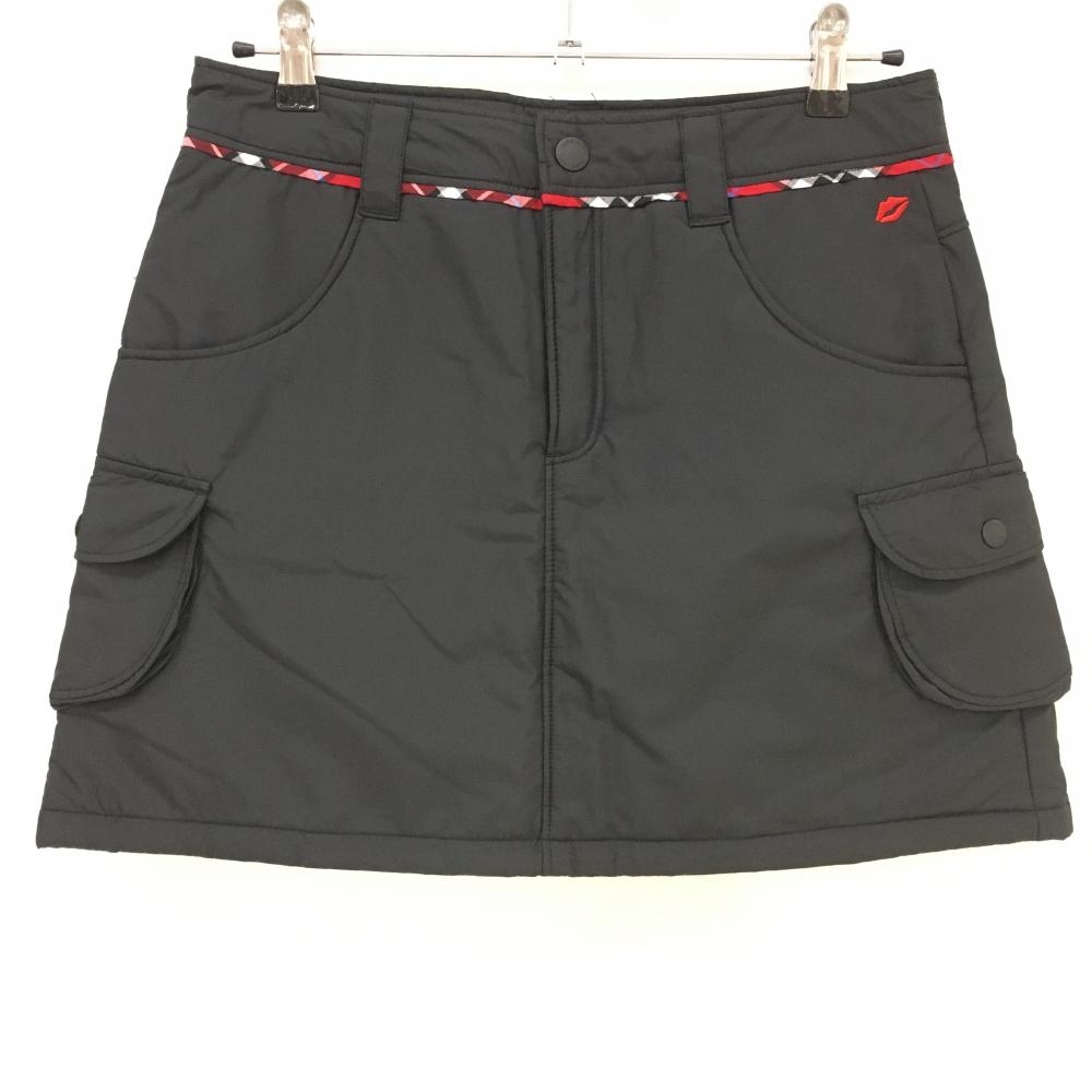 【超美品】キスマークゴルフ 中綿スカート 黒×レッド ウエスト下チェックライン レディース 11 ゴルフウェア kissmark