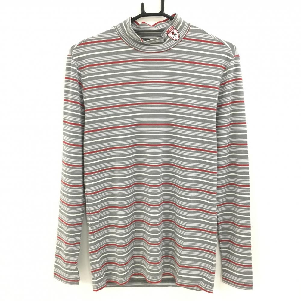 【美品】カステルバジャック 長袖ハイネックシャツ グレー×レッド ランダムボーダー ロゴ刺しゅう メンズ 46(M) ゴルフウェア CASTELBAJAC