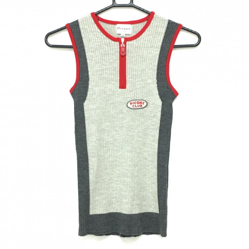 【美品】ピッコーネクラブ ニットベスト ライトグレー×レッド ハーフジップ ワッペン ウール100％ レディース II(L) ゴルフウェア PICONE