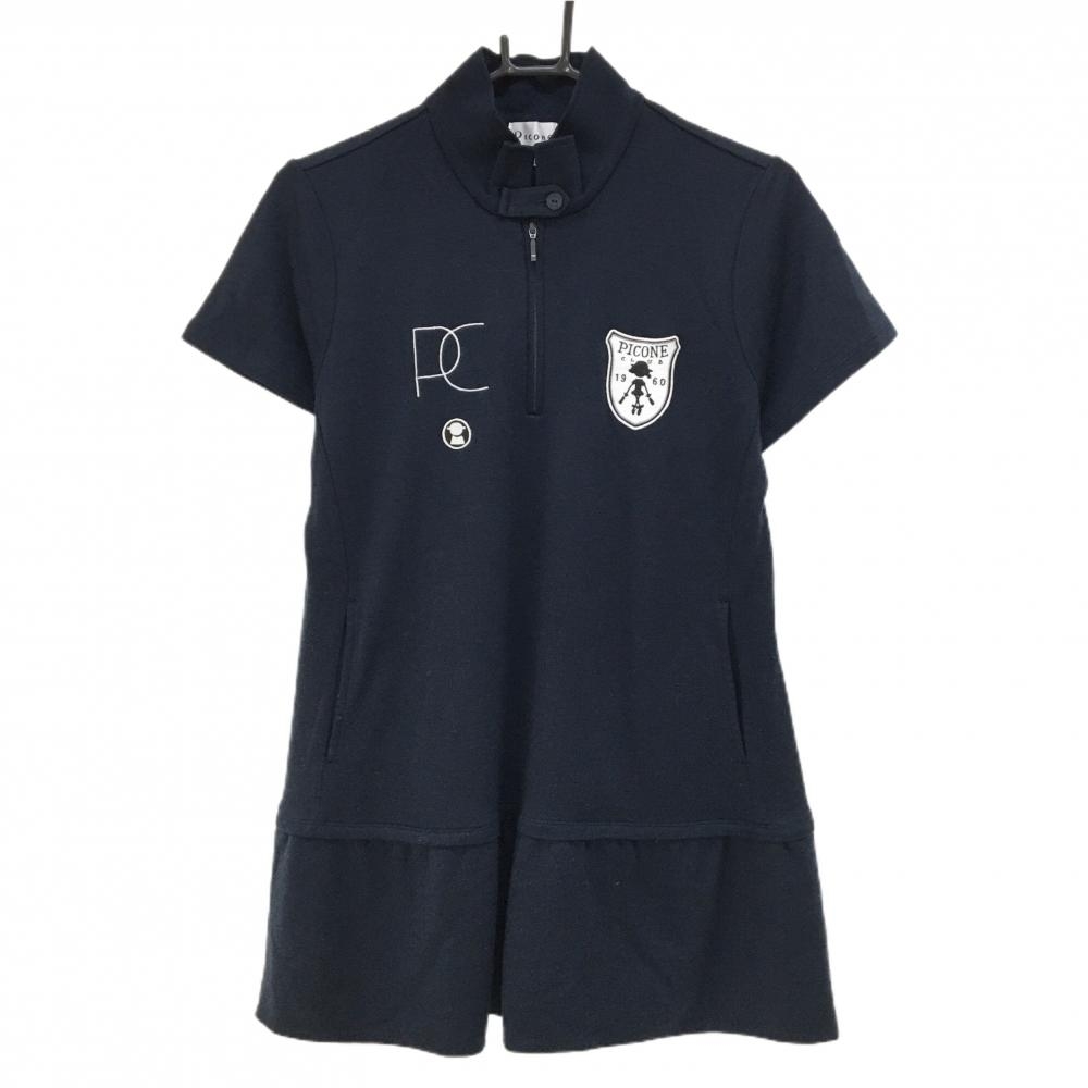 【美品】ピッコーネ 半袖ワンピース ネイビー×白 胸ロゴ ミニ丈 ハーフジップ レディース III(XL) ゴルフウェア PICONE