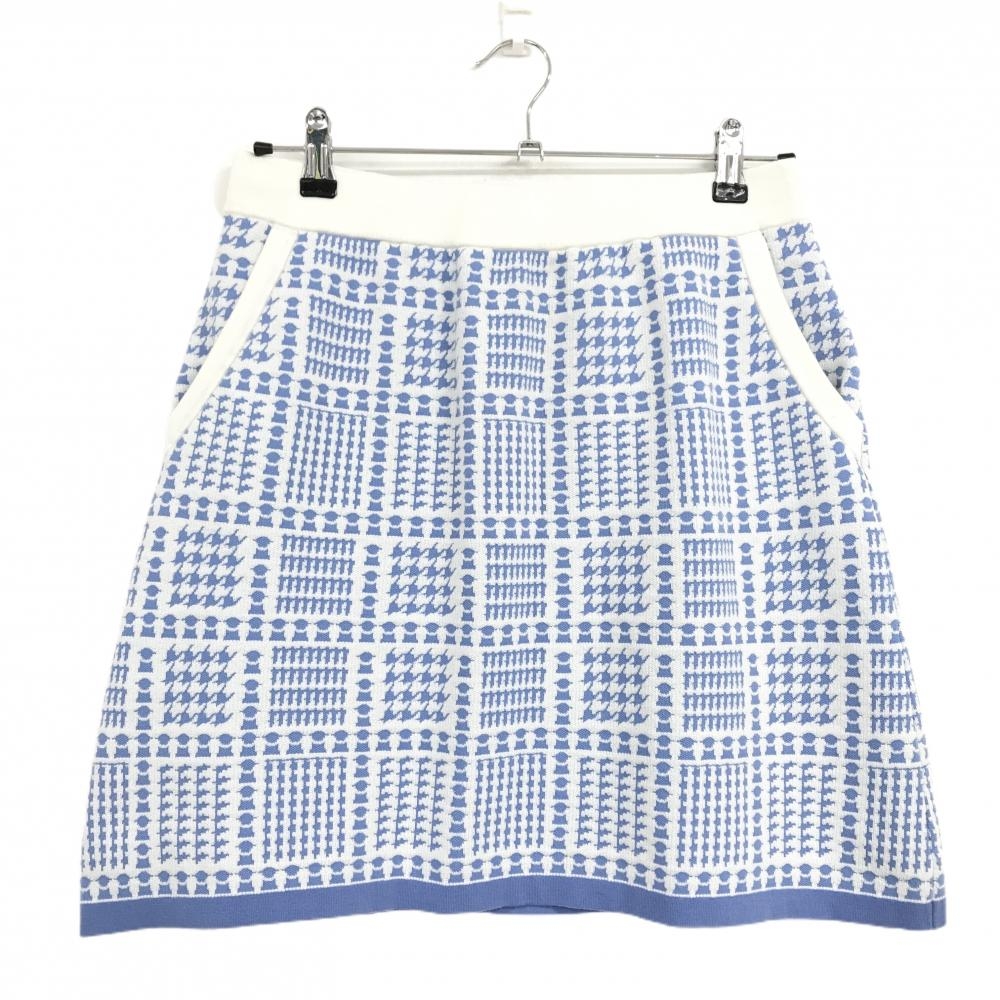 【新品】ピッコーネクラブ ニットスカート 白×ライトブルー グレンチェック風 ウール混  レディース 40(L) ゴルフウェア PICONE