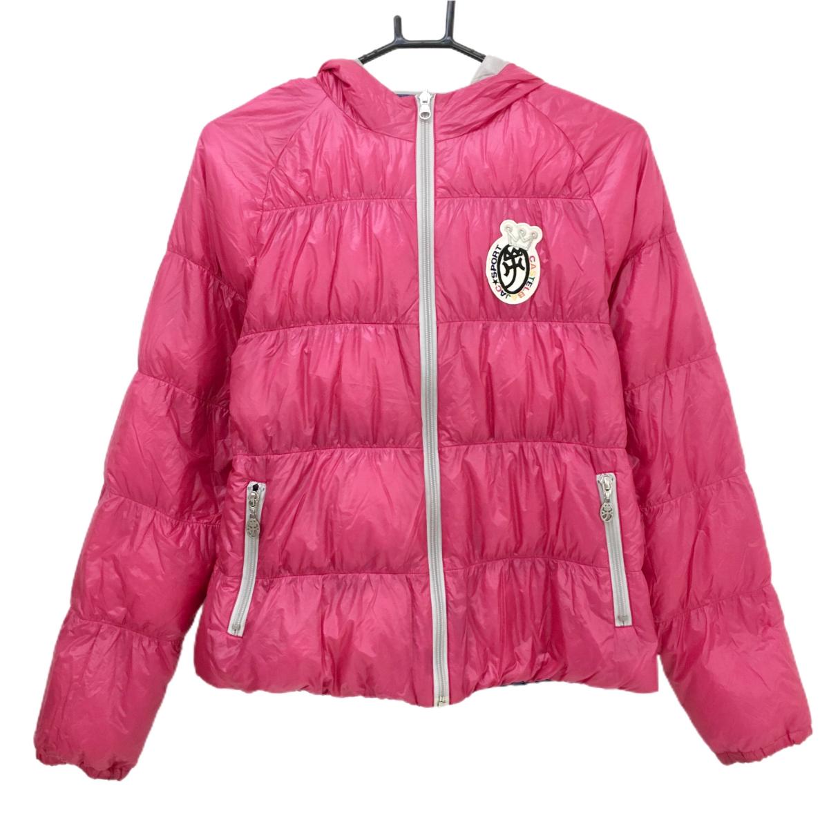 カステルバジャック フード付きリバーシブルダウンジャケット ピンク×ネイビー ロゴワッペン レディース 40(M) ゴルフウェア CASTELBAJAC