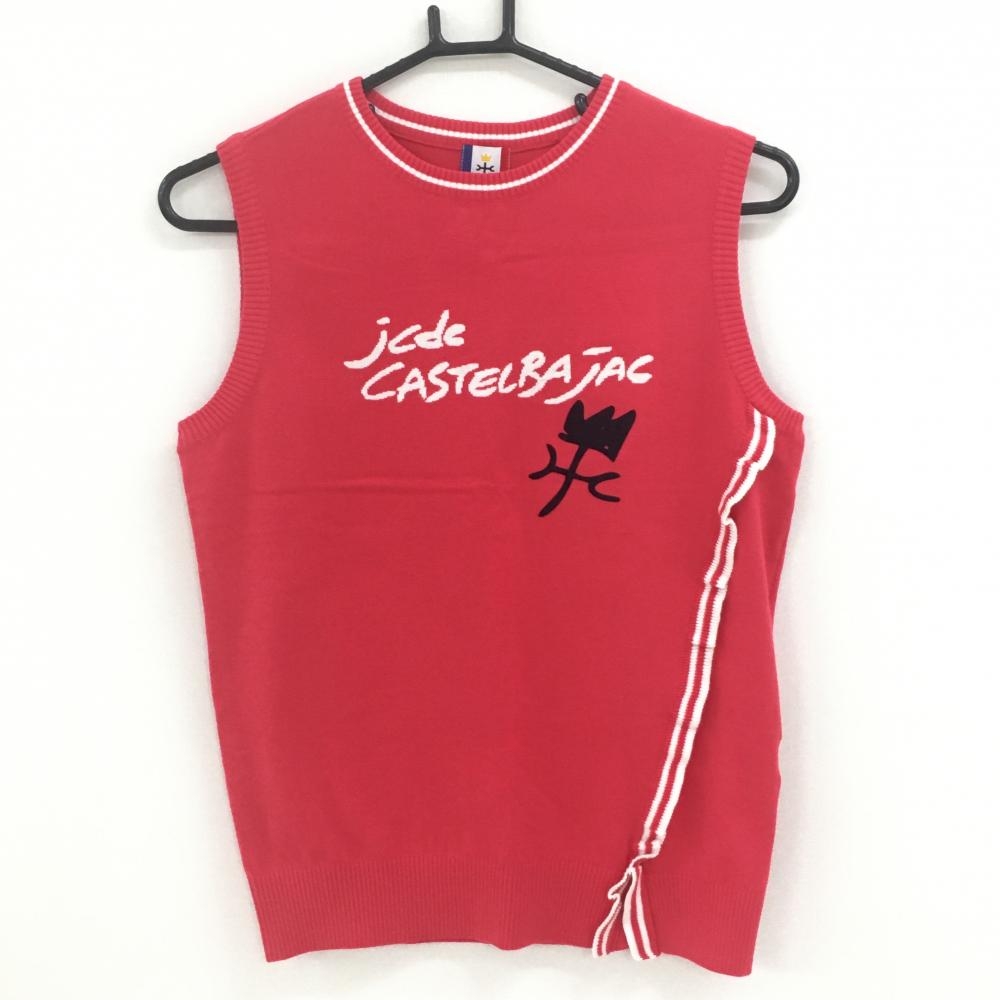 【未使用品】カステルバジャック ニットベスト レッド×白 ネックライン 韓国モデル コットン混 レディース 95 ゴルフウェア CASTELBAJAC