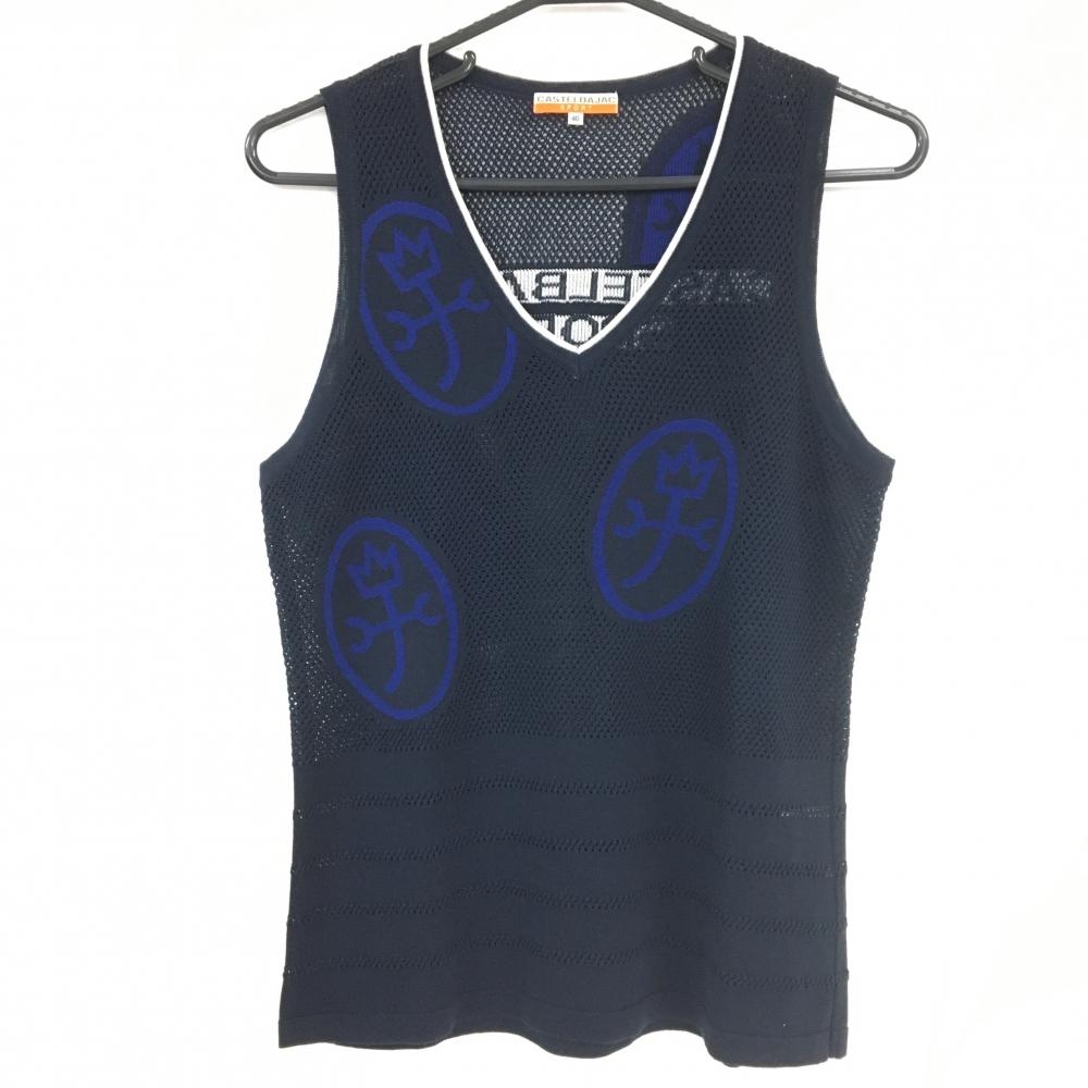 【超美品】カステルバジャック ニットベスト ネイビー メッシュニット ロゴ総柄  レディース 40(M) ゴルフウェア CASTELBAJAC