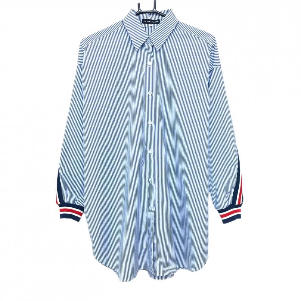 【美品】カステルバジャック シャツワンピース 白×ネイビー ストライプ 一部トリコロール レディース 40(M) ゴルフウェア CASTELBAJAC