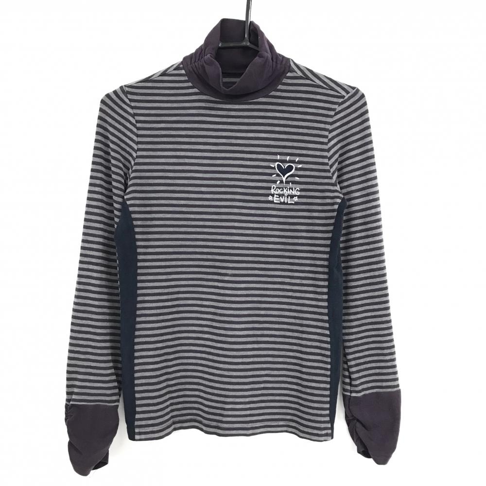 カステルバジャック 長袖ハイネックシャツ 杢グレー×パープル系 ボーダー サイドネイビー レディース 40(M) ゴルフウェア CASTELBAJAC