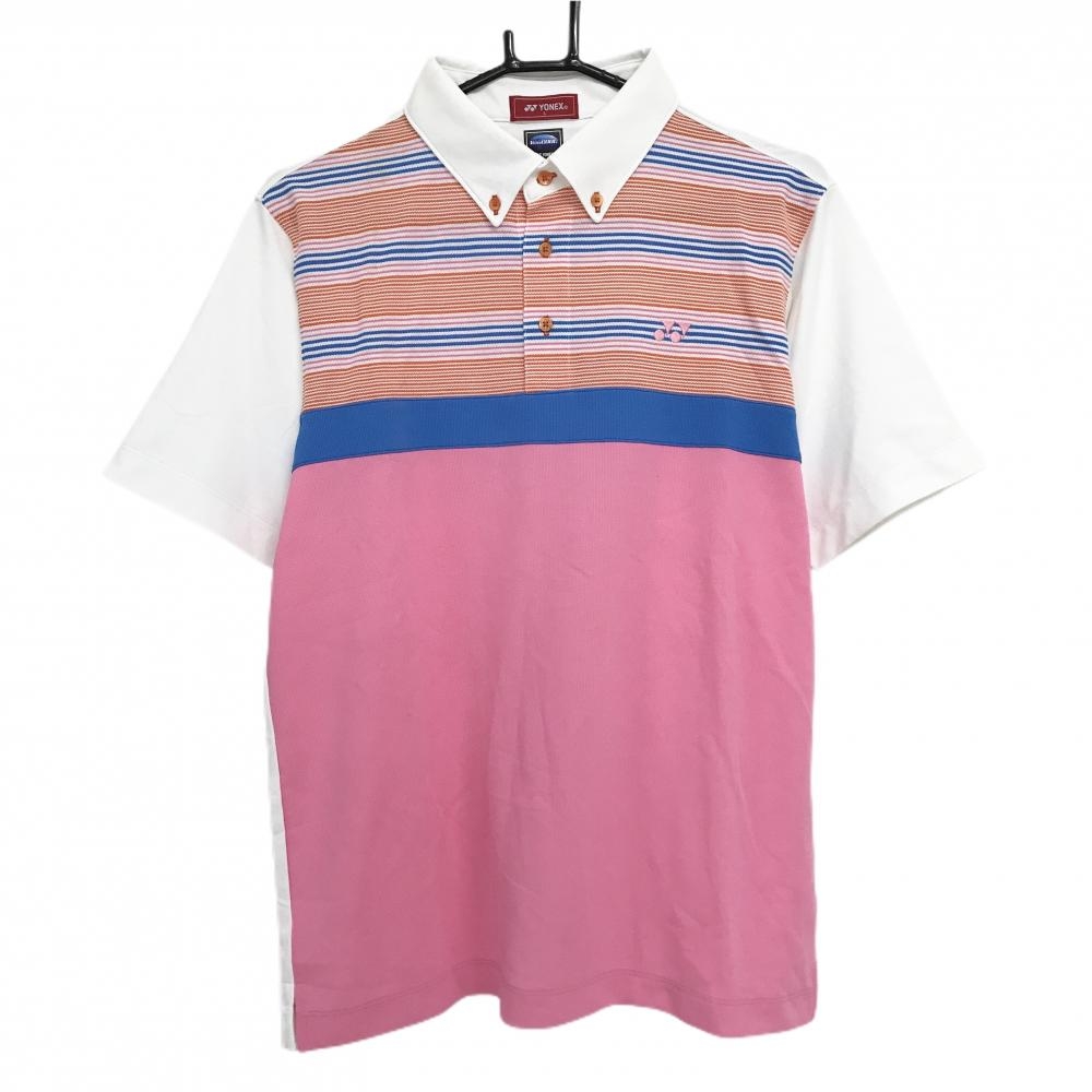 【美品】ヨネックス 半袖ポロシャツ ピンク×ブルー×オレンジ 前面上部ボーダー ボタンダウン VERYCOOL メンズ L ゴルフウェア YONEX