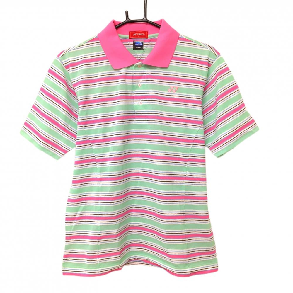 【超美品】ヨネックス 半袖ポロシャツ ミントグリーン×ピンク ボーダー VERYCOOL ロゴ刺しゅう メンズ L ゴルフウェア YONEX