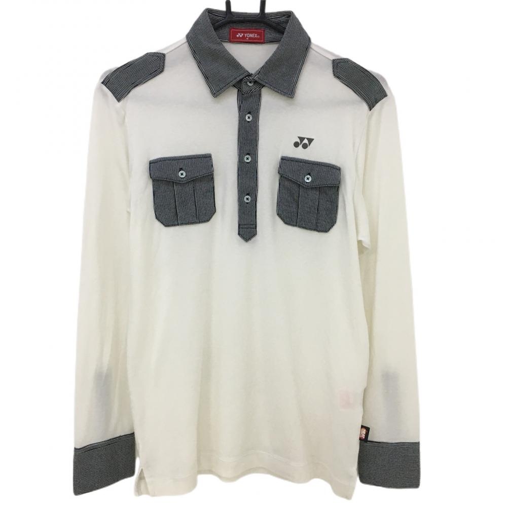 【美品】ヨネックス 長袖ポロシャツ 白×黒 一部ストライプ  メンズ M ゴルフウェア YONEX 画像