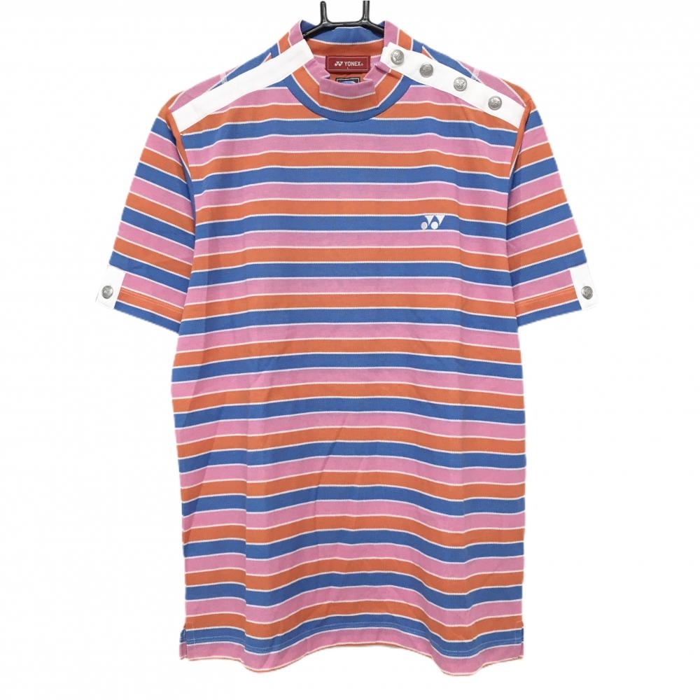 【超美品】ヨネックス 半袖ハイネックシャツ ピンク×ブルー×オレンジ ボーダー VERYCOOL 肩ボタン メンズ L ゴルフウェア YONEX