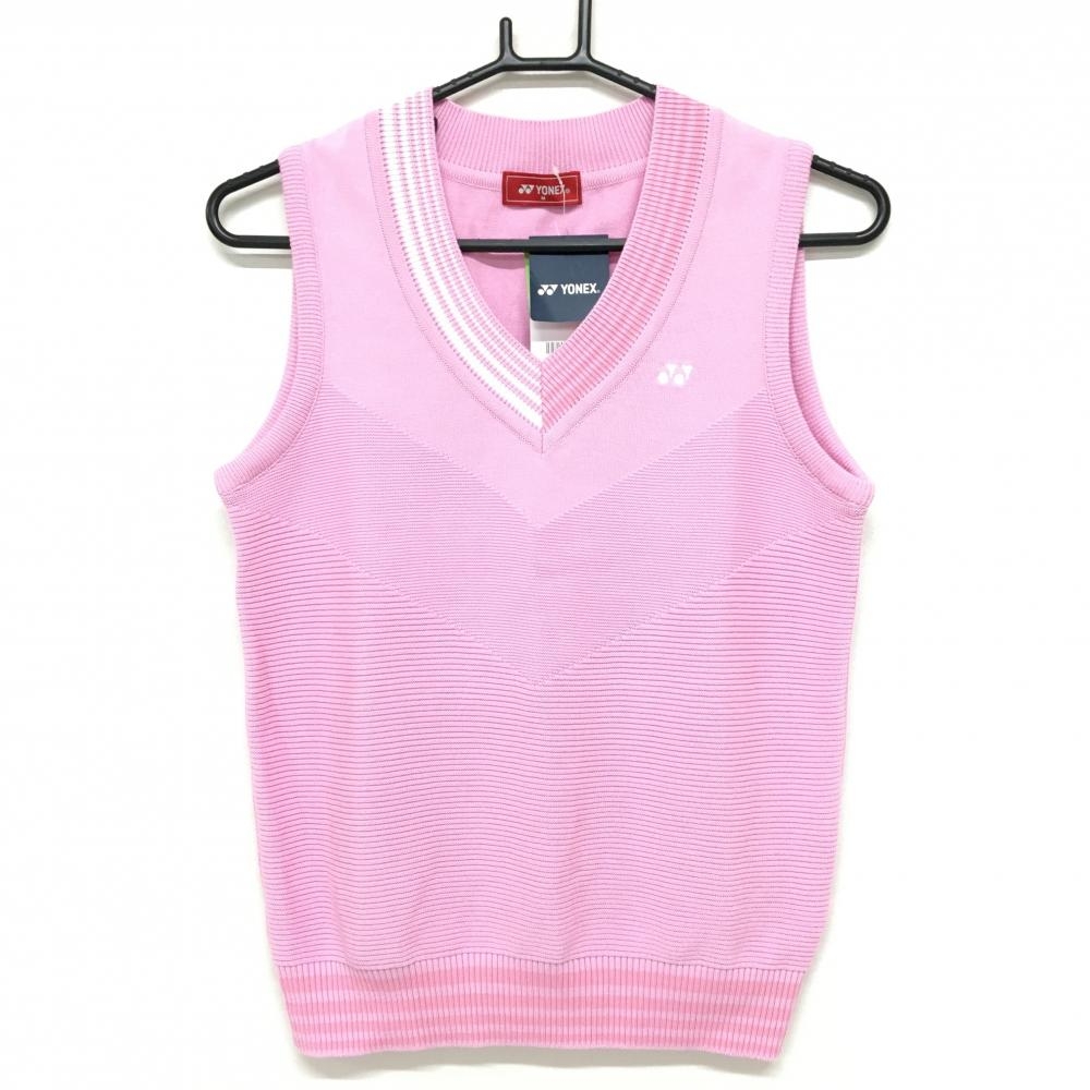 【新品】ヨネックス ベスト ライトピンク×白 胸ロゴ刺しゅう Vネック ニット レディース M ゴルフウェア YONEX