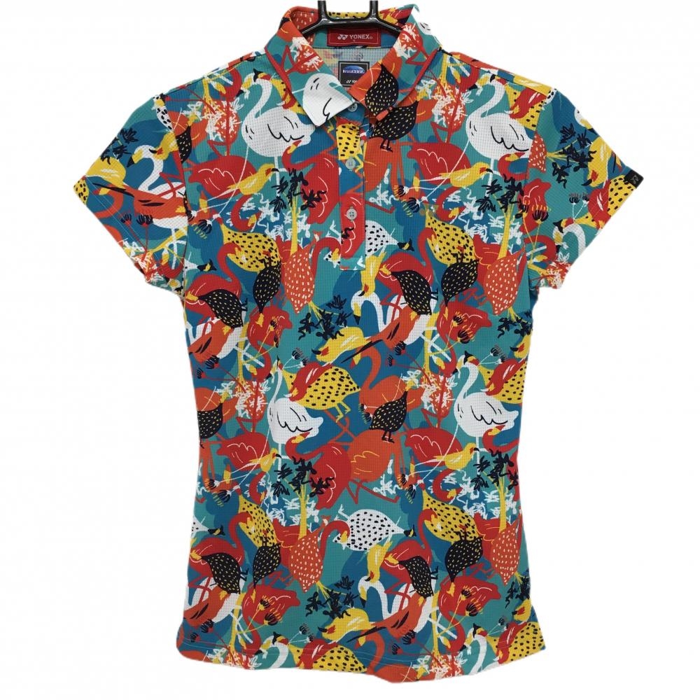 【新品】ヨネックス 半袖ポロシャツ ライトブルー×マルチカラー 総柄 フラミンゴ 鳥  レディース S ゴルフウェア 2024年モデル YONEX