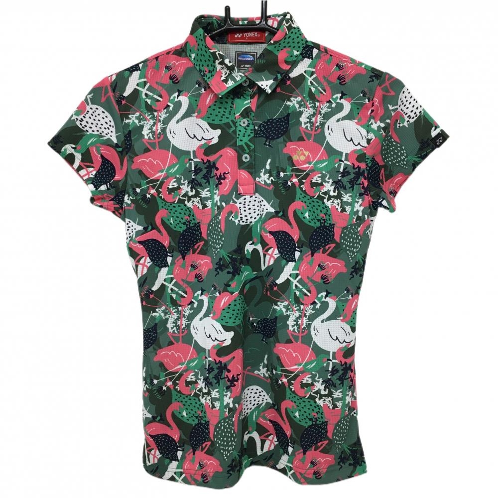 【新品】ヨネックス 半袖ポロシャツ グリーン系×マルチカラー 総柄 フラミンゴ 鳥  レディース S ゴルフウェア 2024年モデル YONEX