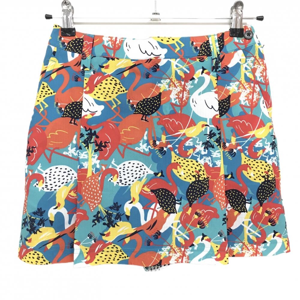 【超美品】ヨネックス スカート ライトブルー×マルチカラー 総柄 フラミンゴ 鳥 レディース SS ゴルフウェア 2024年モデル YONEX