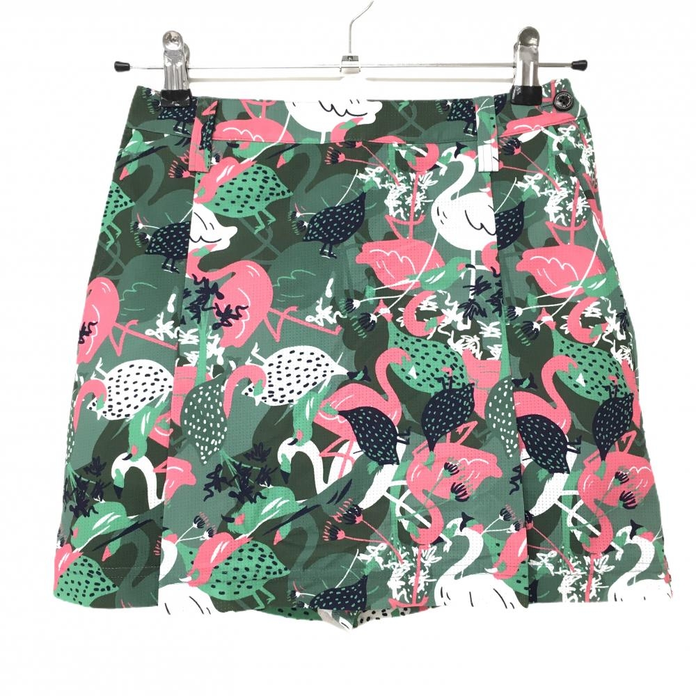 【超美品】ヨネックス スカート グリーン系×マルチカラー 総柄 フラミンゴ 鳥  レディース SS ゴルフウェア 2024年モデル YONEX