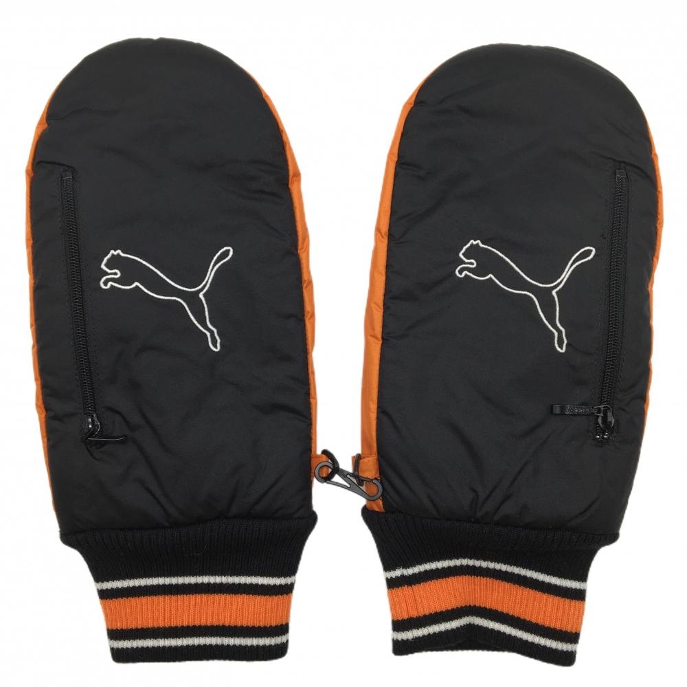 【超美品】プーマ 手袋 黒×オレンジ ミトングローブ ジップポケット付 メンズ M ゴルフウェア PUMA